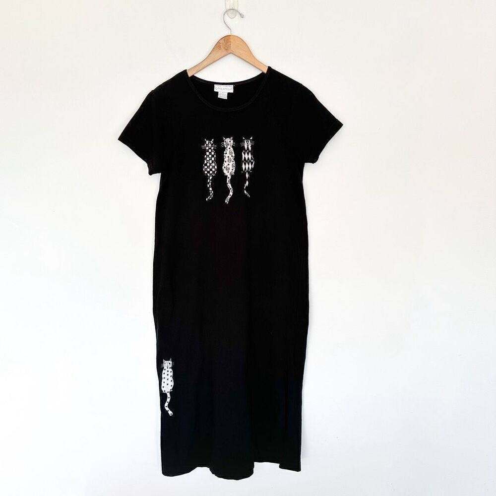 Casey Coleman Vintage Cats Embroidered Abstract Sequin Black White Maxi Cotton T